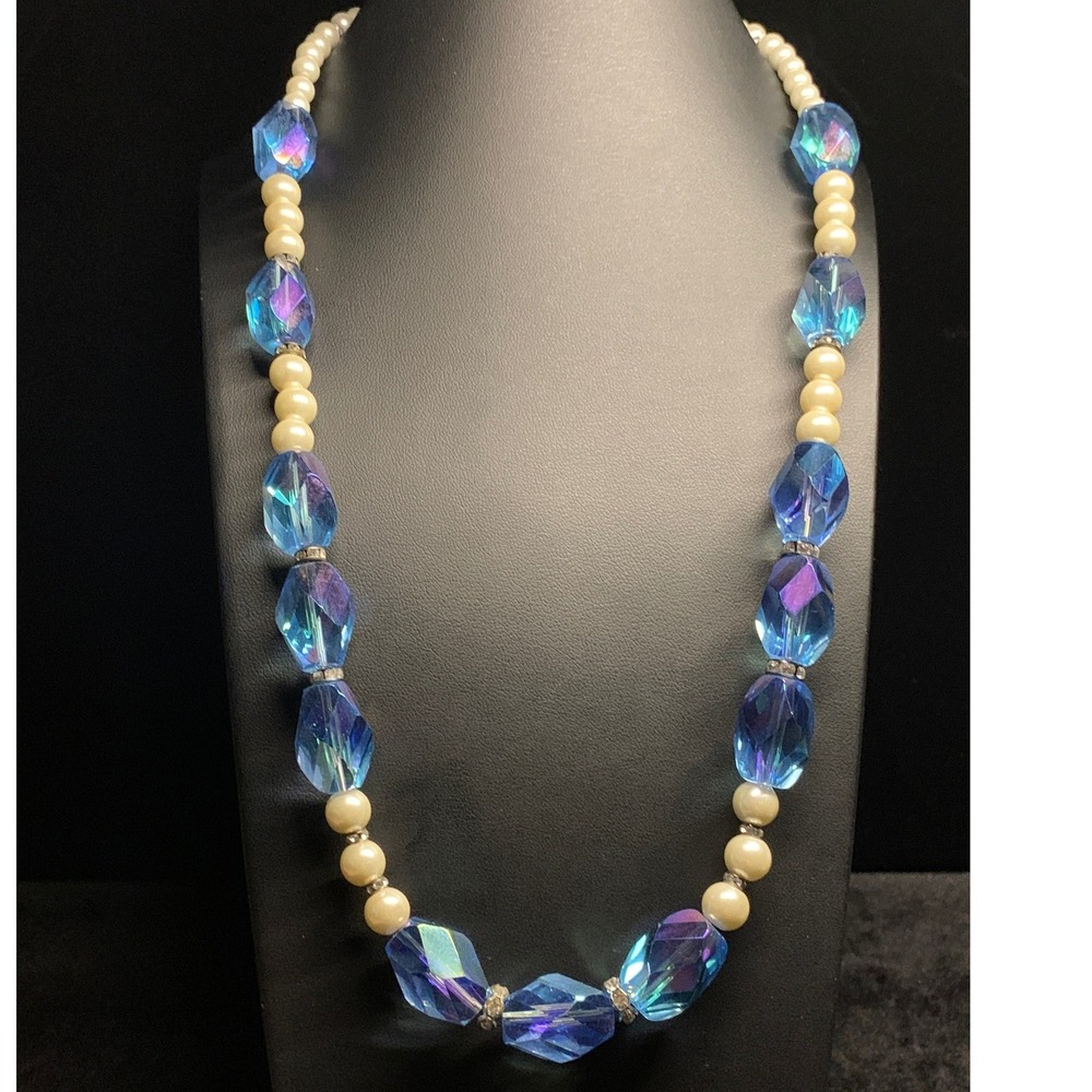 Vintage Style Blue AB Crystal Glass and Faux Pearl Beaded Necklace 24 Inch